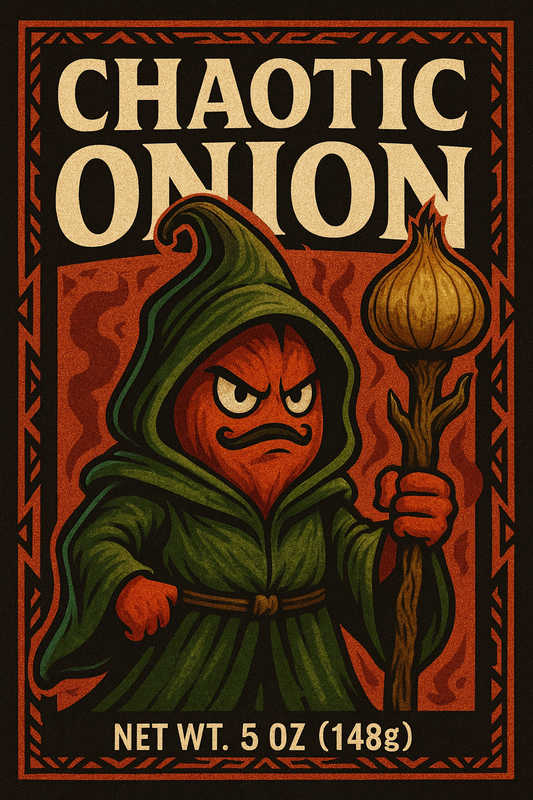 Anthropomorphic onion wizard with a staff, wearing a green cloak, tribal border, bold sauce label art for Chaotic Onion Chimichurri